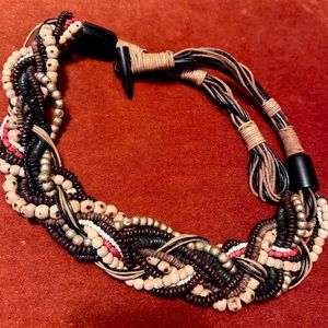 Vintage Beaded Braided Belt with Leather and Wooden Beads and Wooden Toggle